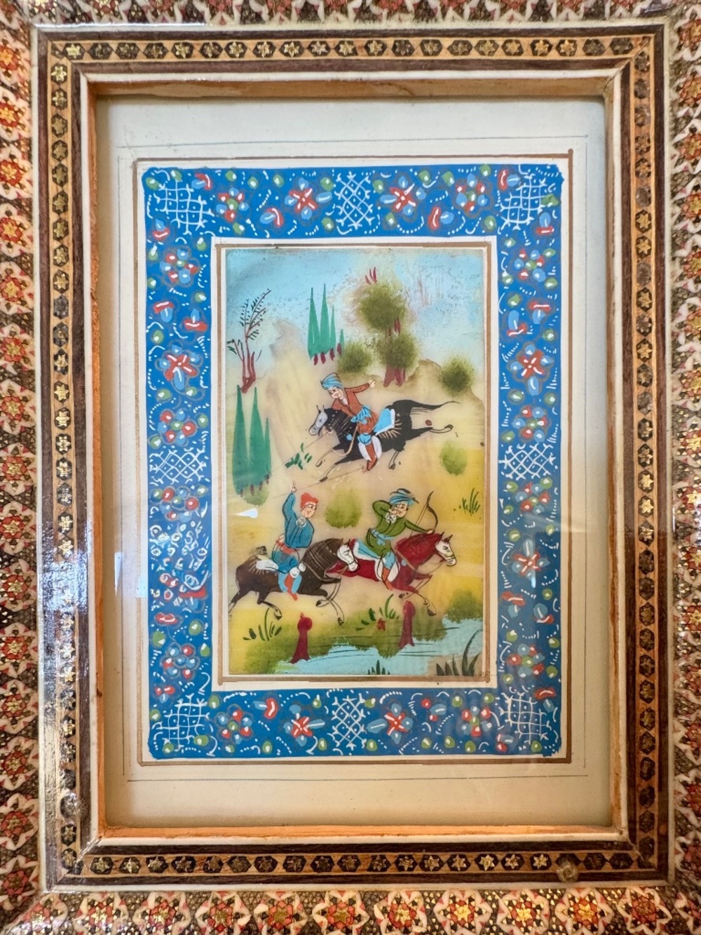 Persian Khatam Marquetry Frame Miniature Hunting Scene Hand Painted Art